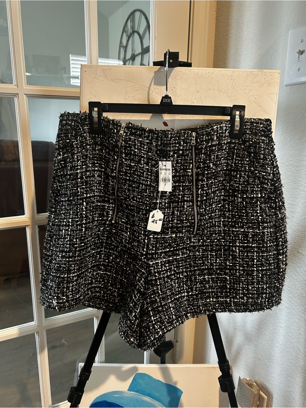 Express Black & White Tweed Zip-Front Skort